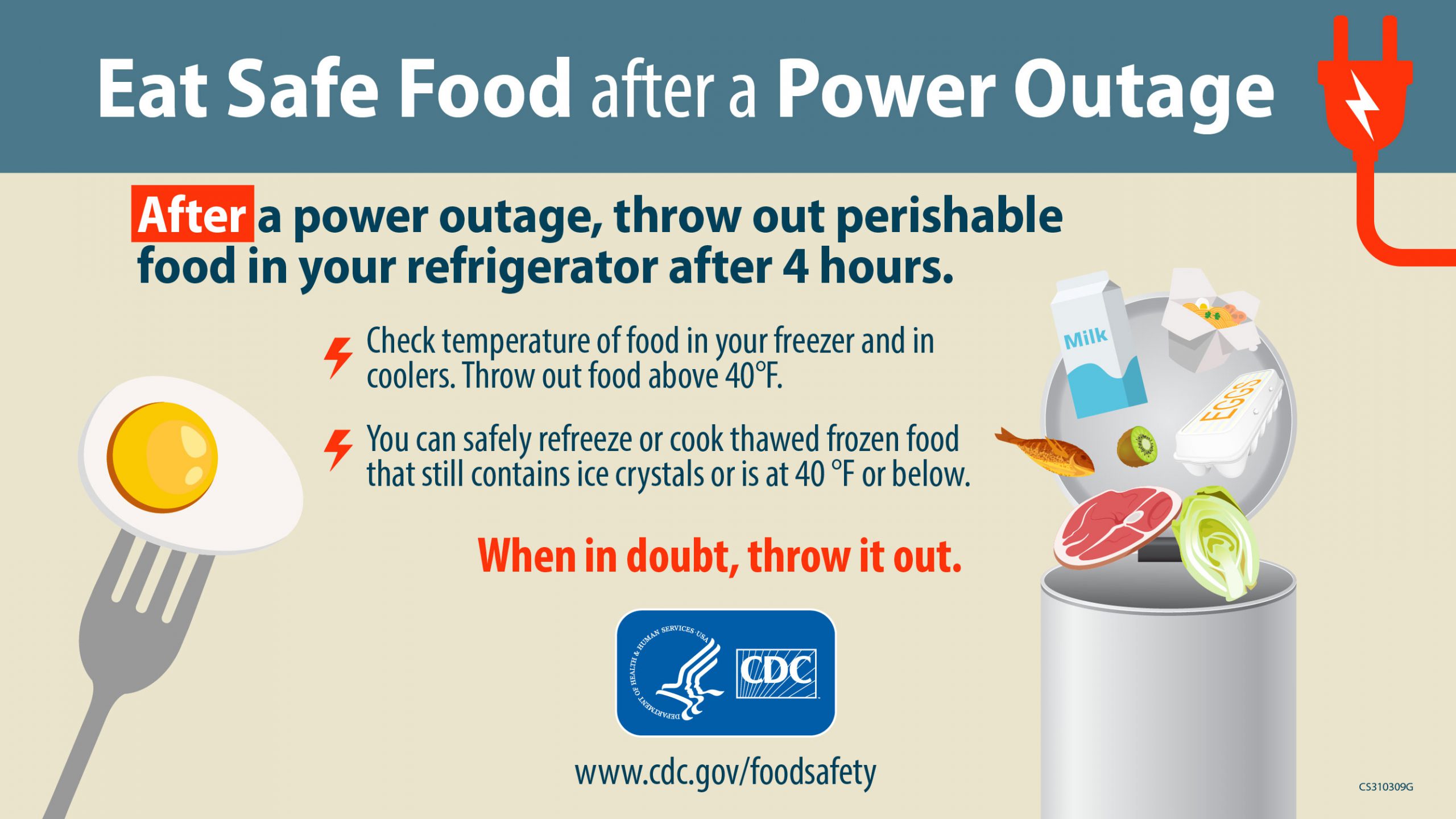 Never taste food to determine if it is safe to eat. When in doubt, throw it out.
Throw out perishable food in your refrigerator (meat, fish, cut fruits and vegetables, eggs, milk, and leftovers) after 4 hours without power or a cold source like dry ice. Throw out any food with an unusual odor, color, or texture.
Check temperatures of food kept in coolers or your refrigerator with an added cold source. Throw out food above 40°
If you have an appliance thermometer in your freezer, check to see if it is still at 40 °F or below.
You can safely refreeze or cook thawed frozen food that still contains ice crystals or is at 40 °F or below.